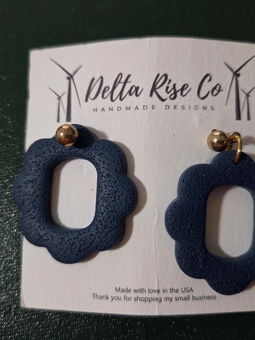 Navy Floral Hoop Earrings - Handmade Clay and Gold Tone Studs  PARTS